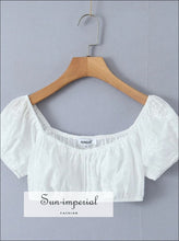 White Embroidered Corset-style Puff Sleeve Crop Top boutique crop top, corset style embroidered feminine women fitted top Sun-Imperial