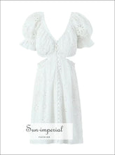 White Embroidered Cutout Back Mini Dress with Button Detail boutique women dress, button detail cotton summer cutout back embroidered dress