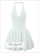 White Embroidered Halter Mini Dress with Swing Skirt casual occasion dress, embroidered feminine mini halter lined dress Sun-Imperial