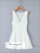White Embroidered Hollow Lace V-neck Mini Dress – Women Bodycon A-line Sleeveless bodycon dress, embroidered holiday mini dress