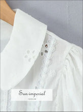 White Embroidered Lace Crop Top with Peter Pan Collar – Cotton Short Sleeve Blouse cotton crop top, elegant embroidered blouse, feminine