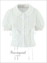 White Embroidered Lace Crop Top with Peter Pan Collar – Cotton Short Sleeve Blouse cotton crop top, elegant embroidered blouse, feminine