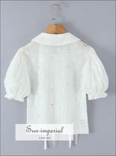 White Embroidered Lace Crop Top with Peter Pan Collar – Cotton Short Sleeve Blouse cotton crop top, elegant embroidered blouse, feminine