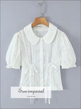 White Embroidered Lace Crop Top with Peter Pan Collar – Cotton Short Sleeve Blouse cotton crop top, elegant embroidered blouse, feminine