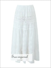 White Embroidered Lace Elastic Waist Maxi Skirt a line long skirt, boho style boutique cotton maxi elastic waist skirt Sun-Imperial United