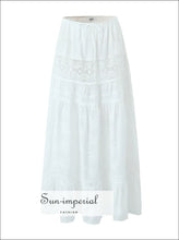 White Embroidered Lace Elastic Waist Maxi Skirt a line long skirt, boho style boutique cotton maxi elastic waist skirt Sun-Imperial United