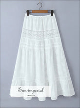 White Embroidered Lace Elastic Waist Maxi Skirt a line long skirt, boho style boutique cotton maxi elastic waist skirt Sun-Imperial United