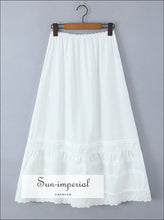 White Embroidered Lace Elastic Waist Maxi Skirt a line long skirt, boho style cotton maxi elastic waist embroidered lace skirt Sun-Imperial