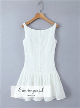 White Embroidered Lace Low Waist Mini Tank Dress button front dress, cotton mini embroidered lace feminine low waist dress Sun-Imperial
