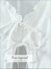 White Embroidered Lace Puff Sleeve Crop Top with Tie Front boutique crop top, casual women cotton embroidered lace feminine summer top