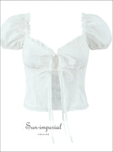 White Embroidered Lace Puff Sleeve Crop Top with Tie Front boutique crop top, casual women cotton embroidered lace feminine summer top