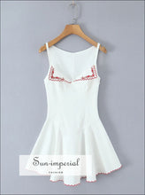 White Embroidered Red Floral V-neck Mini Dress – Low Waist Swing cotton mini dress, floral embroidery low waist red summer dress women