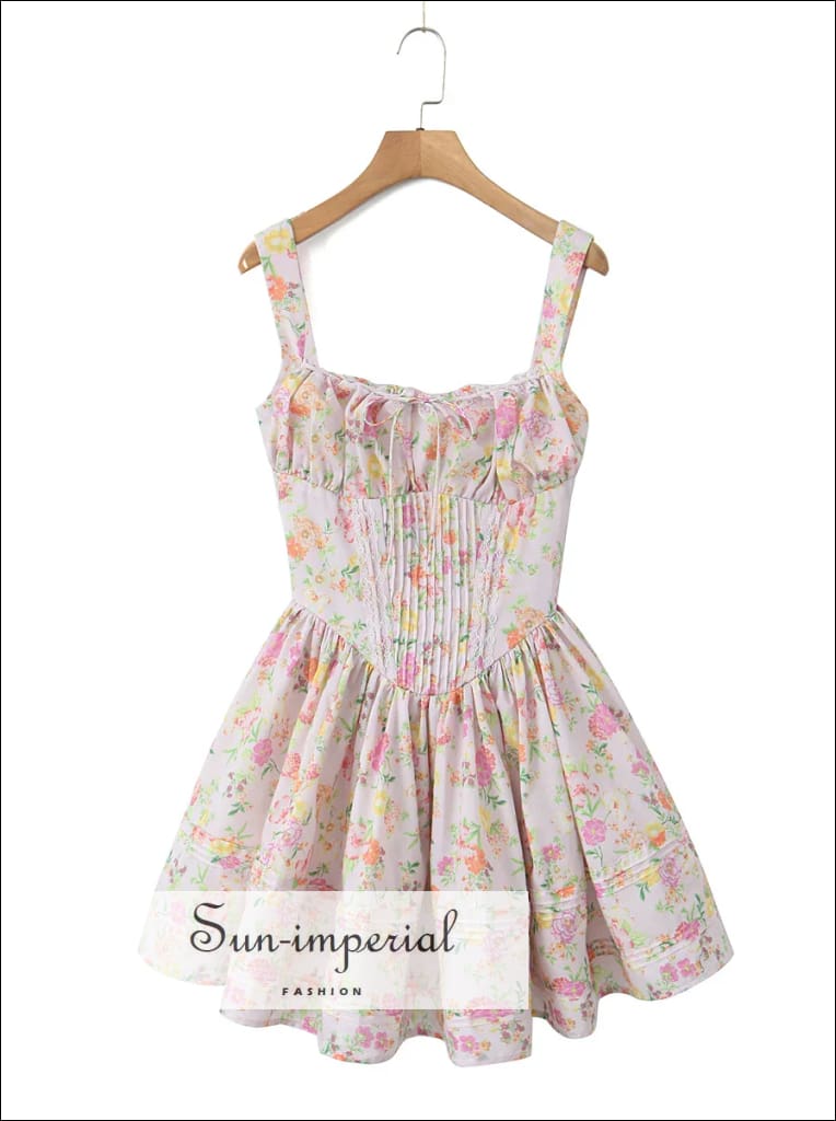 Pink Floral A-line Mini Dress With Ruched Bodice And Center Bow Detail White Sun-Imperial United States