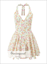 White Floral Halter A - line Mini Dress With Deep v Neckline A - Line V Sun - Imperial United States