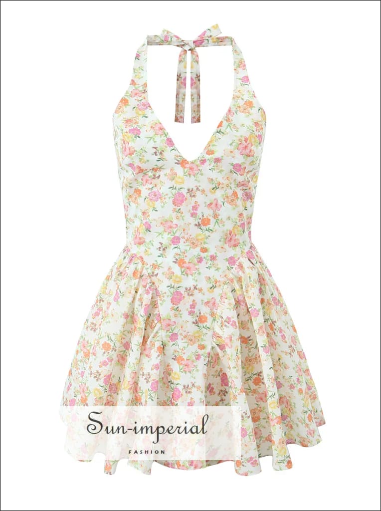 Sun - Imperial - White Floral Halter A - Line Mini Dress with Deep V Neckline As Picture / L Sun - Imperial - White Floral Halter A - Line Mini Dress with Deep V Neckline As Picture / L
