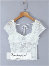 White Lace Overlay Short Sleeve Crop Top casual women top, fitted crop lace overlay lightweight top women, minimalist Sun-Imperial United