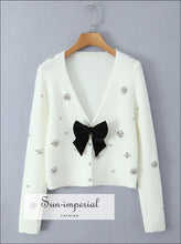 White Pointelle Knit V-neck Cropped Cardigan with Bow Detail bow detail sweater, button front cardigan, cropped knit everyday top, feminine