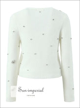 White Pointelle Knit V-neck Cropped Cardigan with Bow Detail bow detail sweater, button front cardigan, cropped knit everyday top, feminine