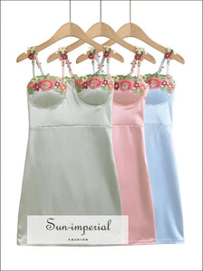 Women Blossom Embroidery Satin Bust Seaming Strappy Cami Mini Dress Sun-Imperial United States