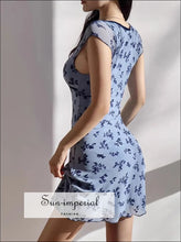 Women Blue Floral Print Deep v Neck Mesh Mini Dress Sun-Imperial United States