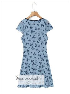 Women Blue Floral Print Deep v Neck Mesh Mini Dress Sun-Imperial United States