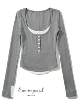 Women’s Buttoned Long Sleeve T-shirt With Contrast Color Double Neckline And Hem Detail Sun-Imperial United States