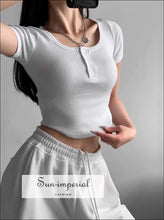 Women’s Ribbed Buttoned Front Contrast Cropped Top T-shirt Sun-Imperial United States