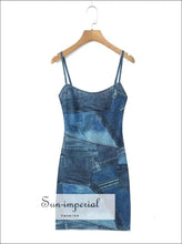 Women’s Blue Sleeveless Mini Dress With Jeans Print And Side Split Detail Denim Detail, Mesh Sun-Imperial United States