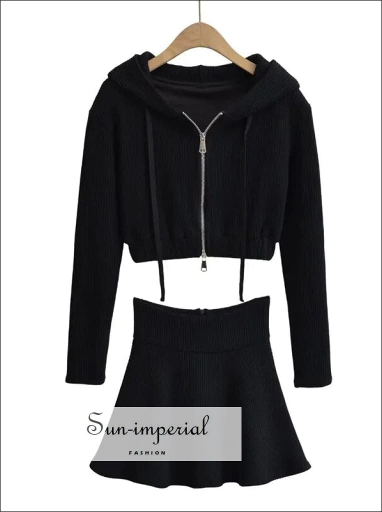 Women’s Co-ord Doal Zip Ribbed Cropped Hoodie And Mini Skirt Set Sun-Imperial United States