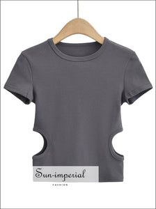 Women’s Solid Cut Out Waist Short Sleeve Cropped T-shirt Top Sun-Imperial United States