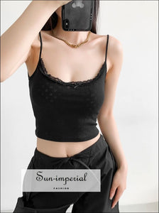Women’s Eyelet Scoop Neck Cami Strap Cropped Top With Canter Bow And Lace Trim Detail Sun-Imperial United States