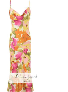 Women Floral Satin Draped Collar Midi Dress Sun - Imperial United States