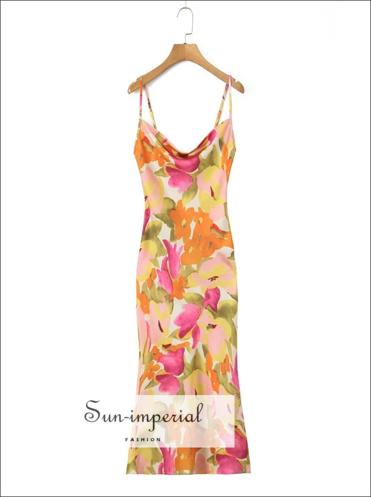 Women Floral Satin Draped Collar Midi Dress Sun - Imperial United States