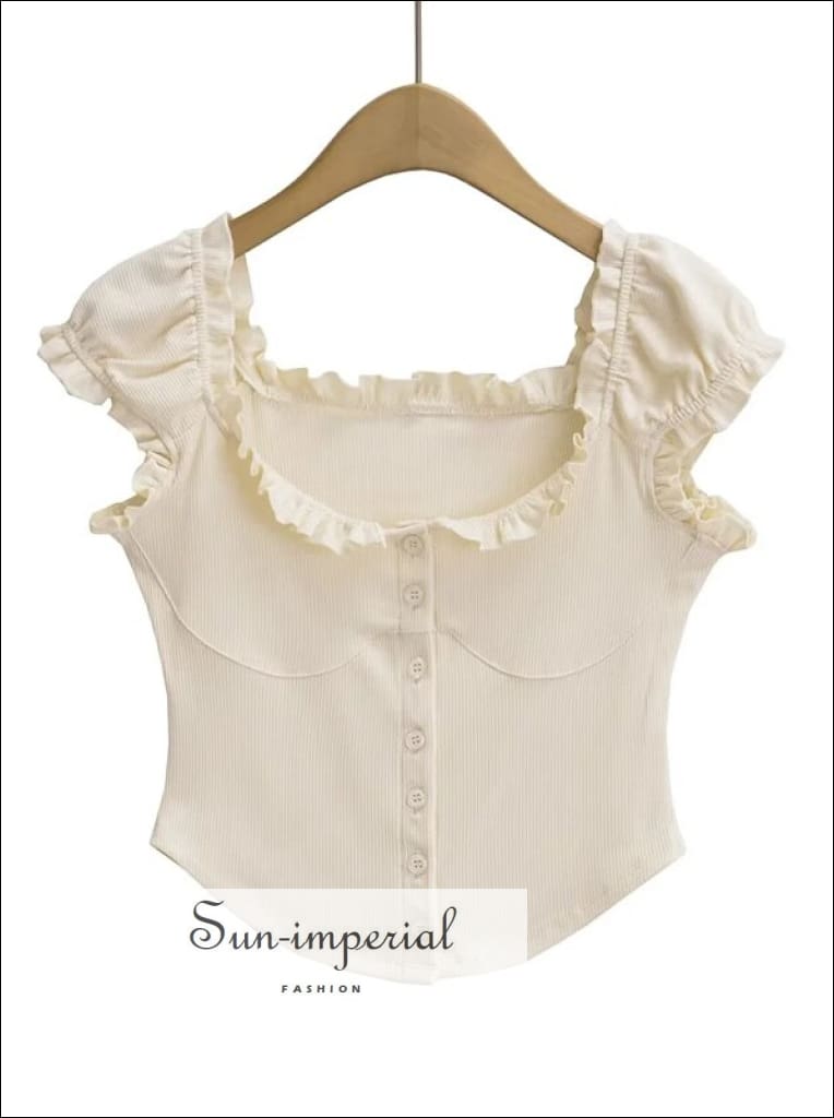Women’s Off The Shoulder Short Sleeve Buttoned Cropped Top With Trimmed Frill Detail Sun-Imperial United States