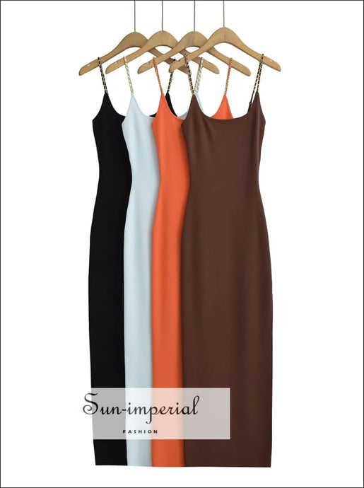 Women Metal Chain Strap Knitted Sling Dress With High Side Slit Midi Sun-Imperial United States