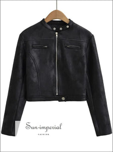 Women’s Faux Leather Cropped Biker Jacket With High Collar Detail Sun-Imperial United States