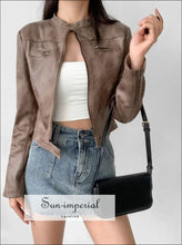 Women’s Faux Leather Cropped Biker Jacket With High Collar Detail Sun-Imperial United States
