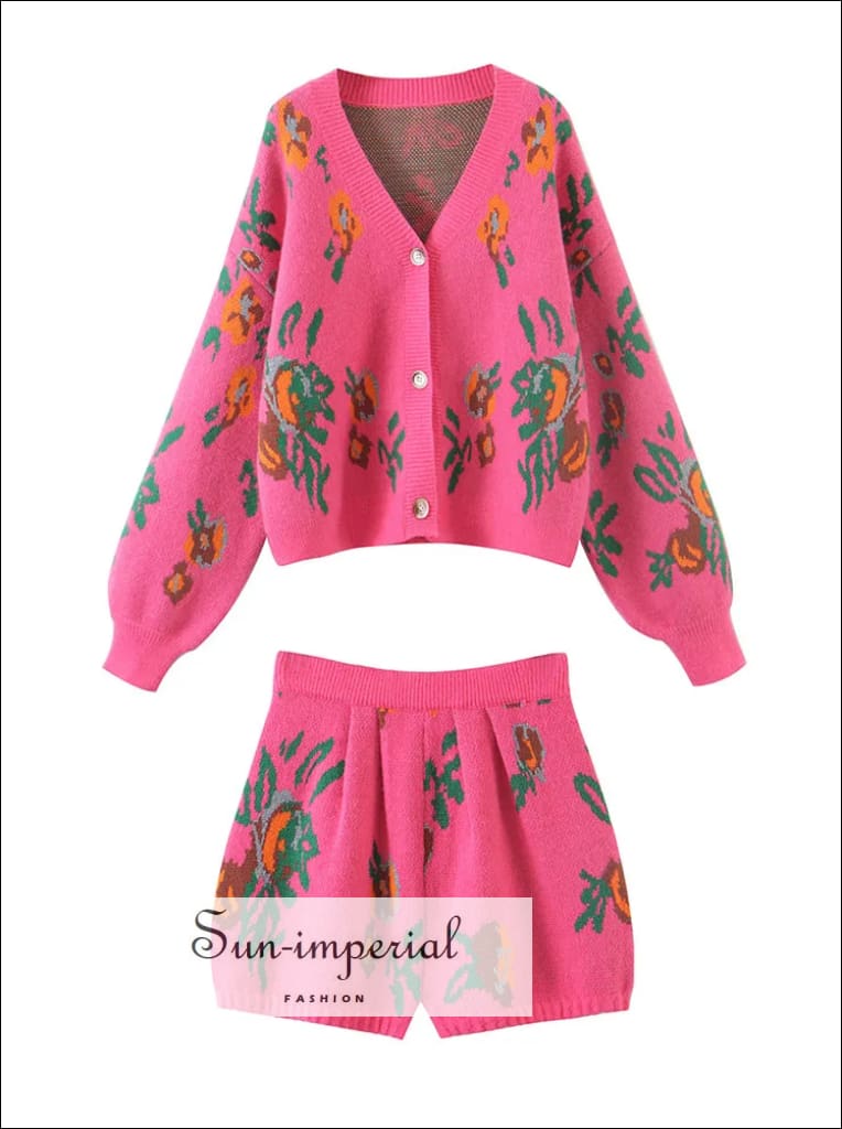 Sun-imperial - women pink floral cardigan and mini shorts two piece set ...