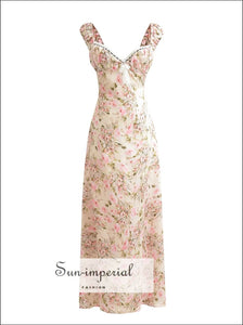 Women Pink Floral Sleeveless Satin Maxi Dress With Sweetheart Neckline And Center Bow Detail Sun-Imperial United States