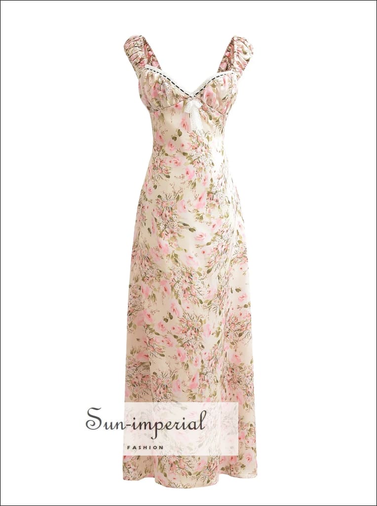 Women Pink Floral Sleeveless Satin Maxi Dress With Sweetheart Neckline And Center Bow Detail Sun-Imperial United States