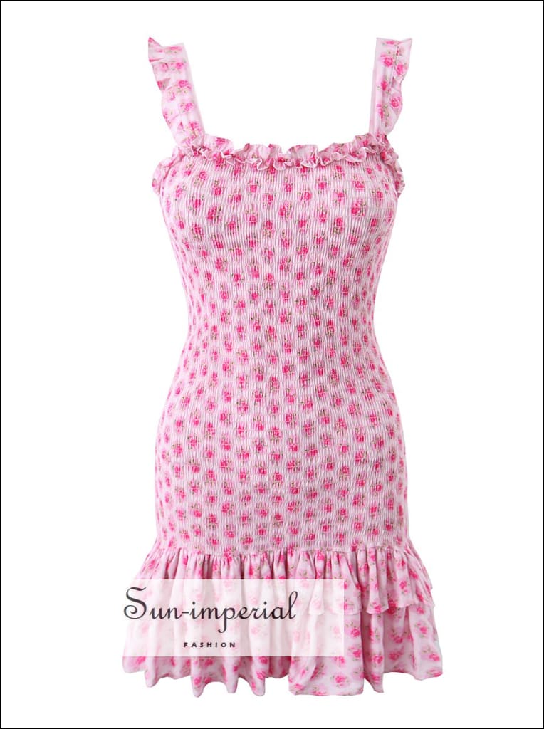 Women Pink Flower Print A-line Sleeveless Mini Dress With Ruffle Detail Sun-Imperial United States