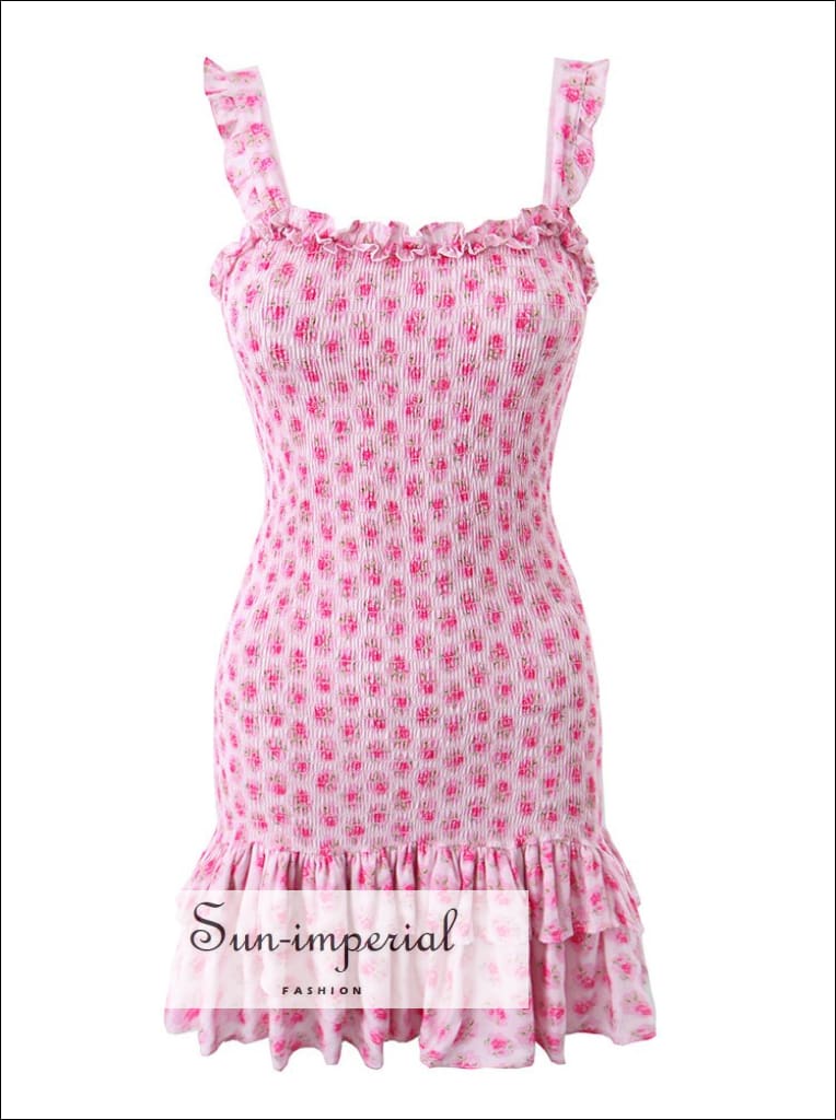 Sun-imperial - women Pink flower print a-line sleeveless mini dress with ruffle detail Pink / L Sun-imperial - women Pink flower print a-line sleeveless mini dress with ruffle detail Pink / L
