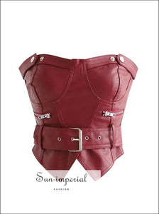 Women Red Sweetheart Neckline Fox Leather Bandeau Corset With Waist Belt Crop Top Zip Detail chick sexy style, street tube top Sun-Imperial
