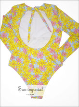 Women’s Long Sleeve Daisy Print Swimsuit – One-piece Surf Style with Open Back beach swim suit women, daisy print swimwear, long sleeve