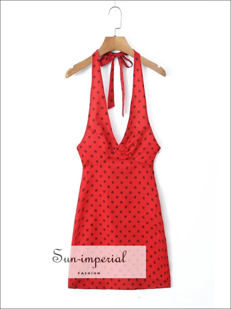 Sun - imperial - womens Red with Black dot print halter backless mini dress Red / M Sun - imperial - womens Red with Black dot print halter backless mini dress Red / M