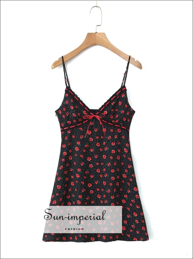 Women’s Sleeveless White Mini Dress With Red Rose Flower Print Center Bow Detail Sun - Imperial United States