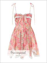 Women’s Sling Mini Dress – Pink Orange Gradient Floral 3d Lace & Cascade Ruffles 3D Dress, floral dress, mini party Sun-Imperial United