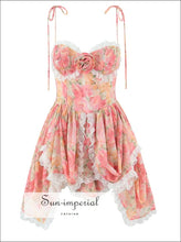 Women’s Sling Mini Dress – Pink Orange Gradient Floral 3d Lace & Cascade Ruffles 3D Dress, floral dress, mini party Sun-Imperial United