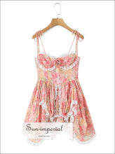 Women’s Sling Mini Dress – Pink Orange Gradient Floral 3d Lace & Cascade Ruffles 3D Dress, floral dress, mini party Sun-Imperial United