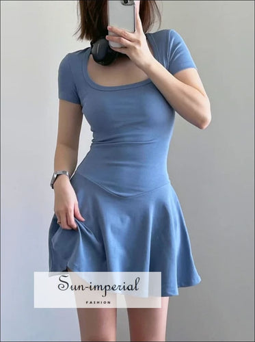 Women’s Square Neck Short Sleeve A - line Basic Skater Mini Dress Sun - Imperial United States